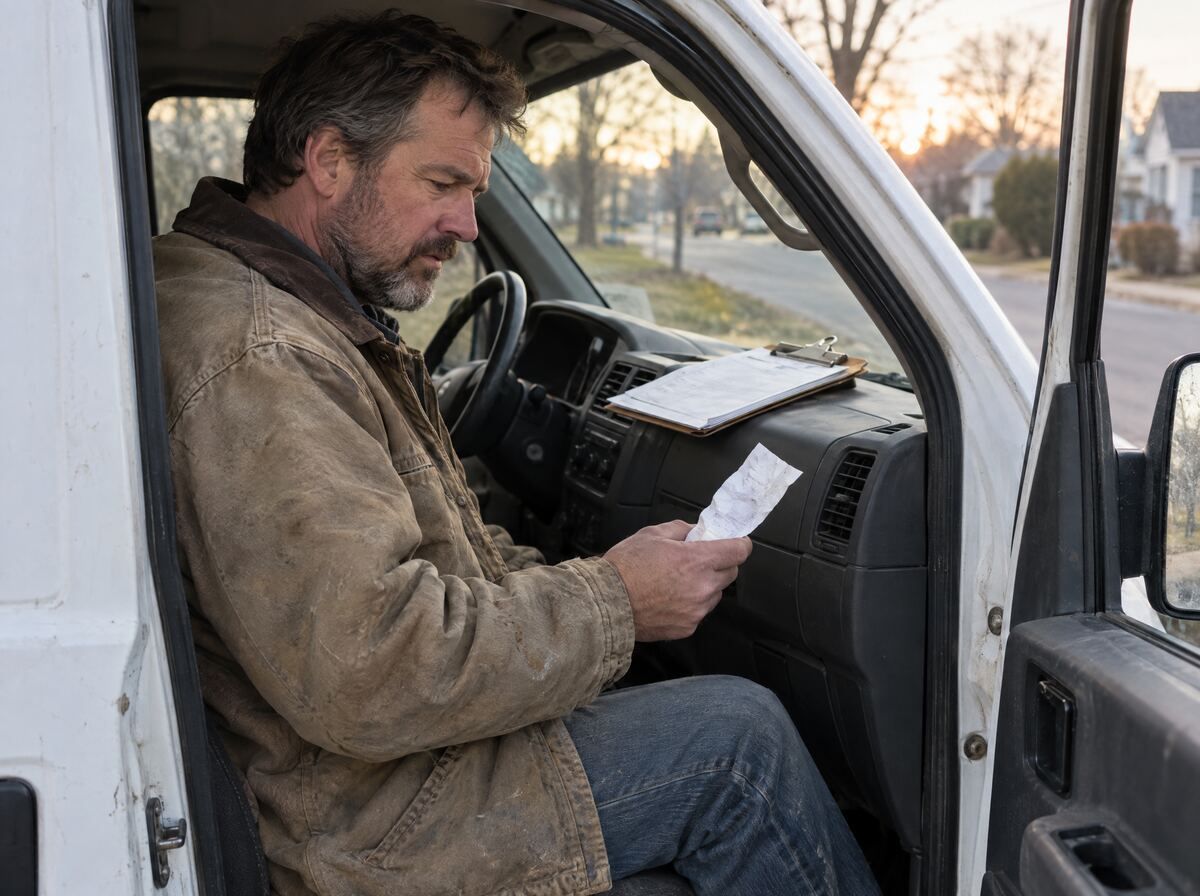 A contractor sitting in a work van, checking a supply-store receipt before the day's job