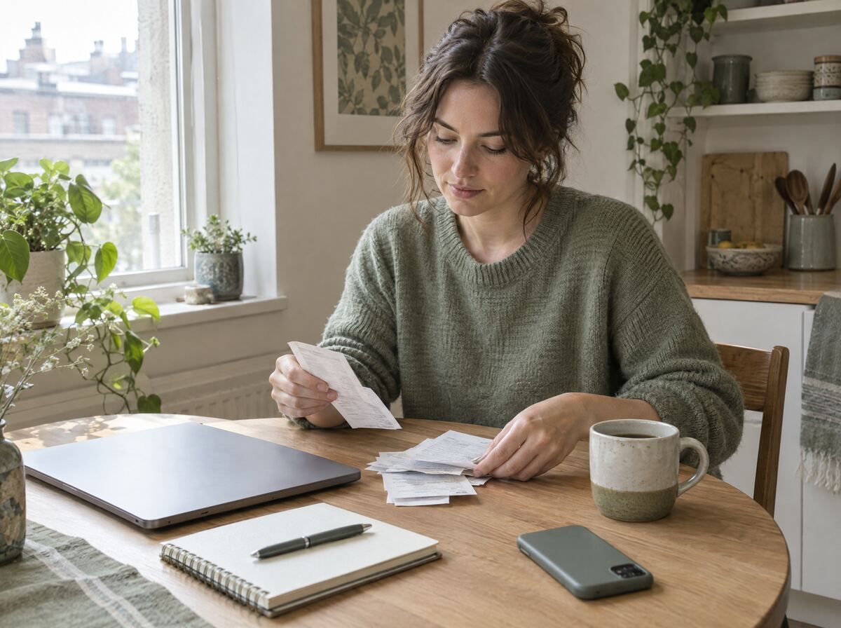 A freelancer sorting receipts at a kitchen-table workspace beside a laptop and notebook
