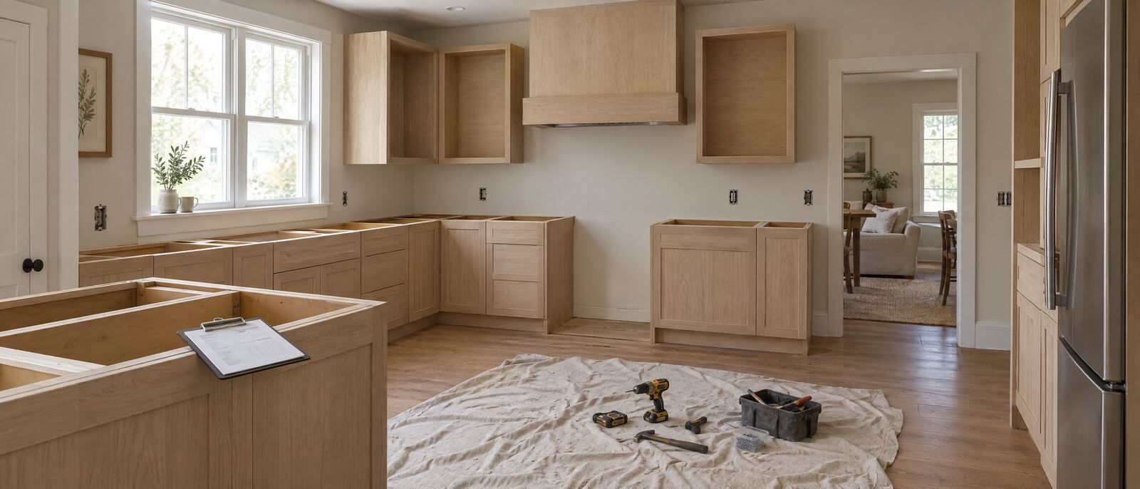 A kitchen renovation in progress, with new cabinets installed and an estimate on a clipboard