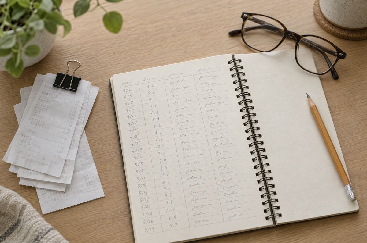 A handwritten mileage log in a notebook beside clipped receipts and reading glasses