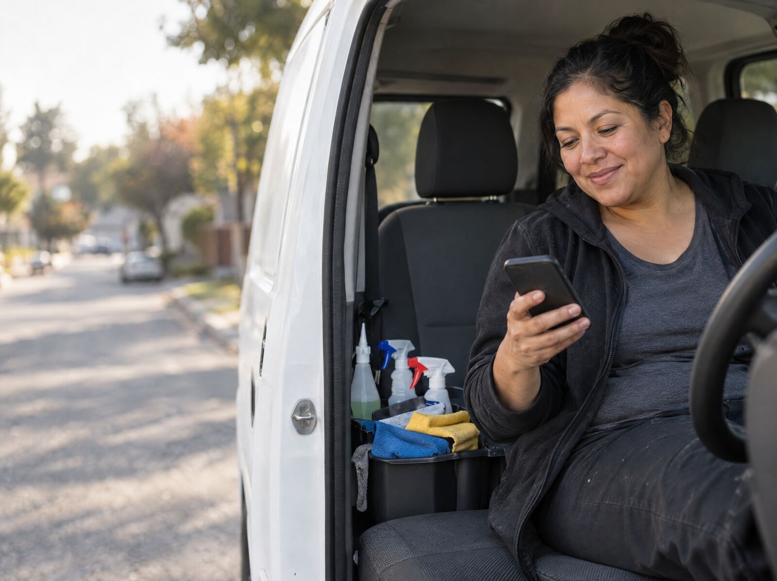 A self-employed cleaner checking a phone in the driver's seat of a van, cleaning supplies alongside