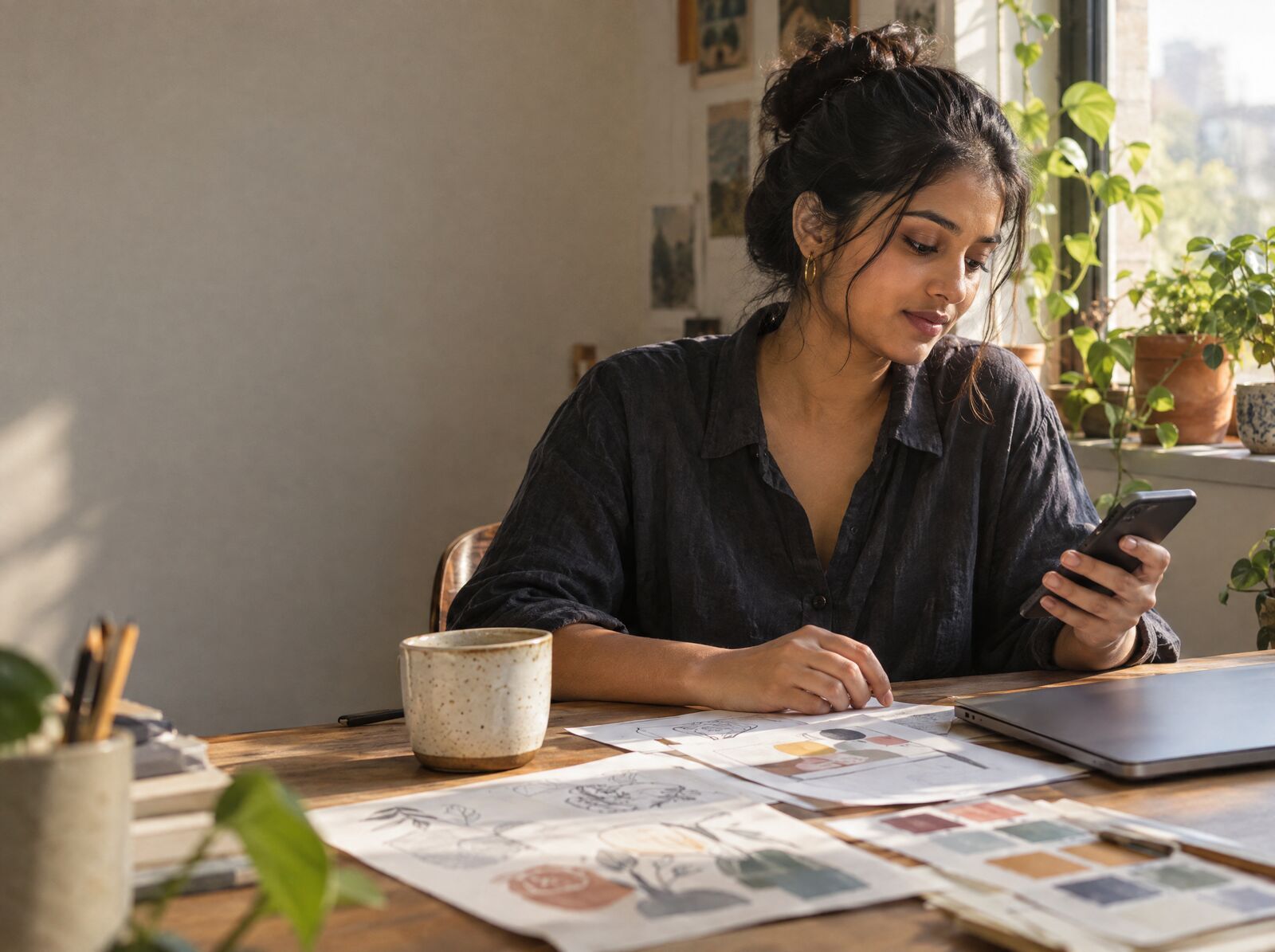 A freelance designer reading a phone at a sunny desk with sketches and colour swatches