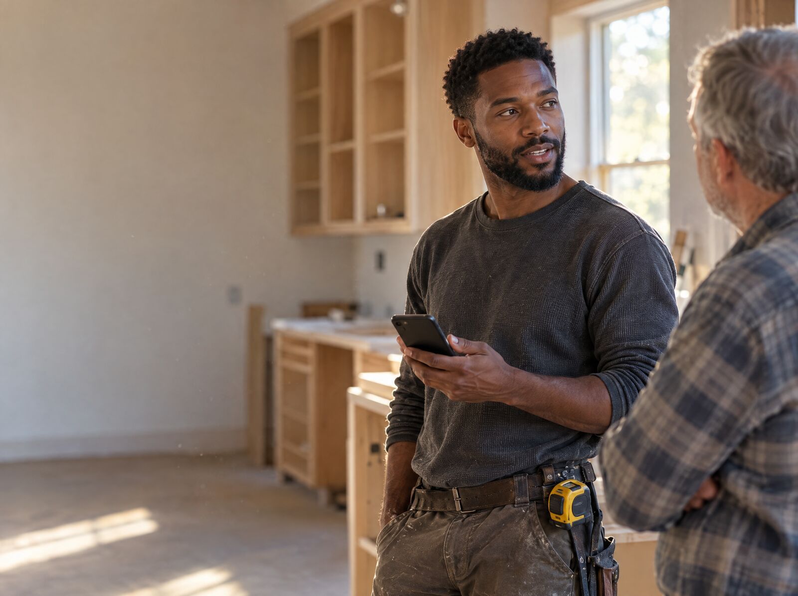 A carpenter holding a phone, talking with a homeowner in a half-renovated kitchen