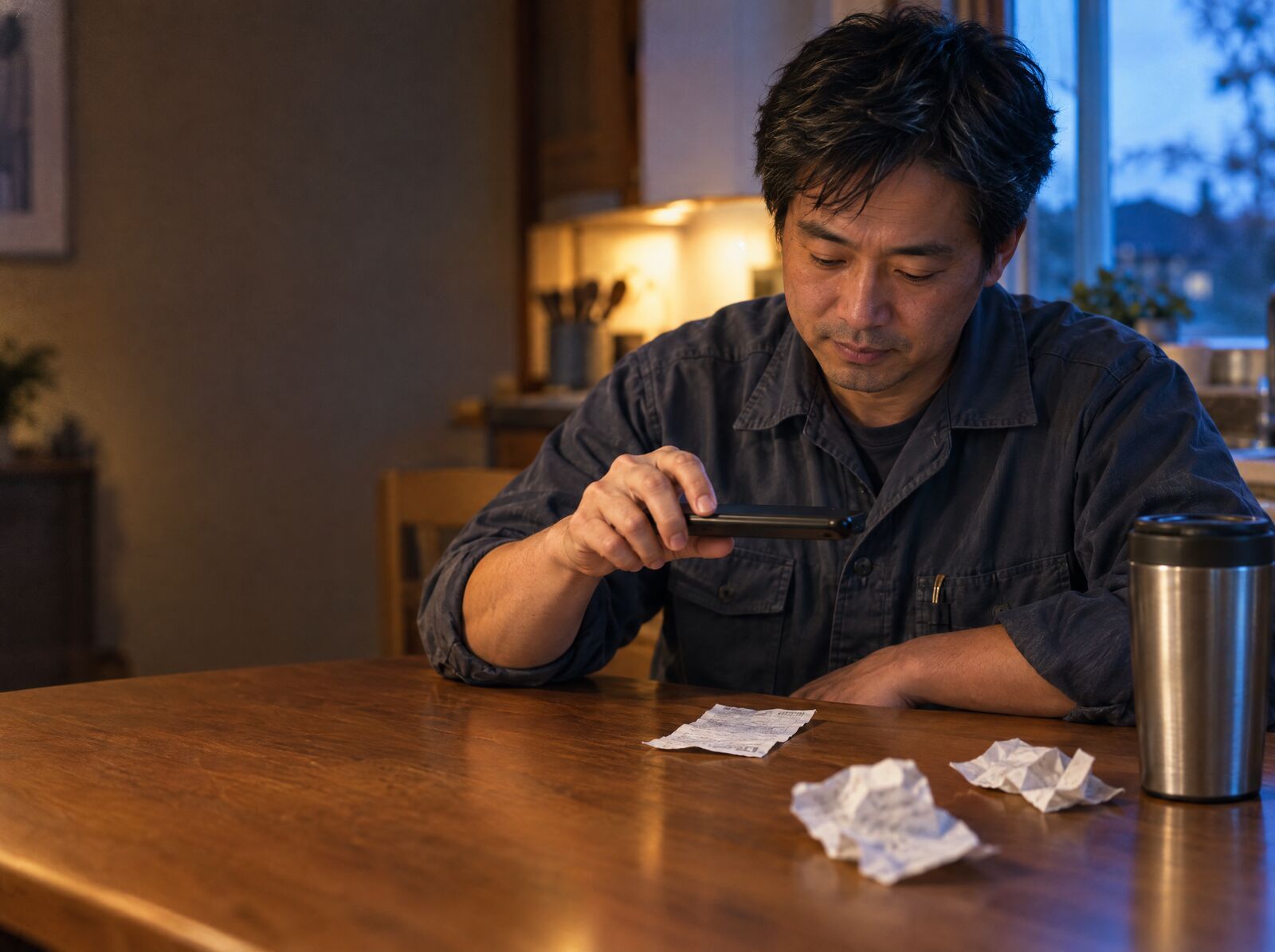 An electrician photographing a paper receipt with a phone at a kitchen table in the evening